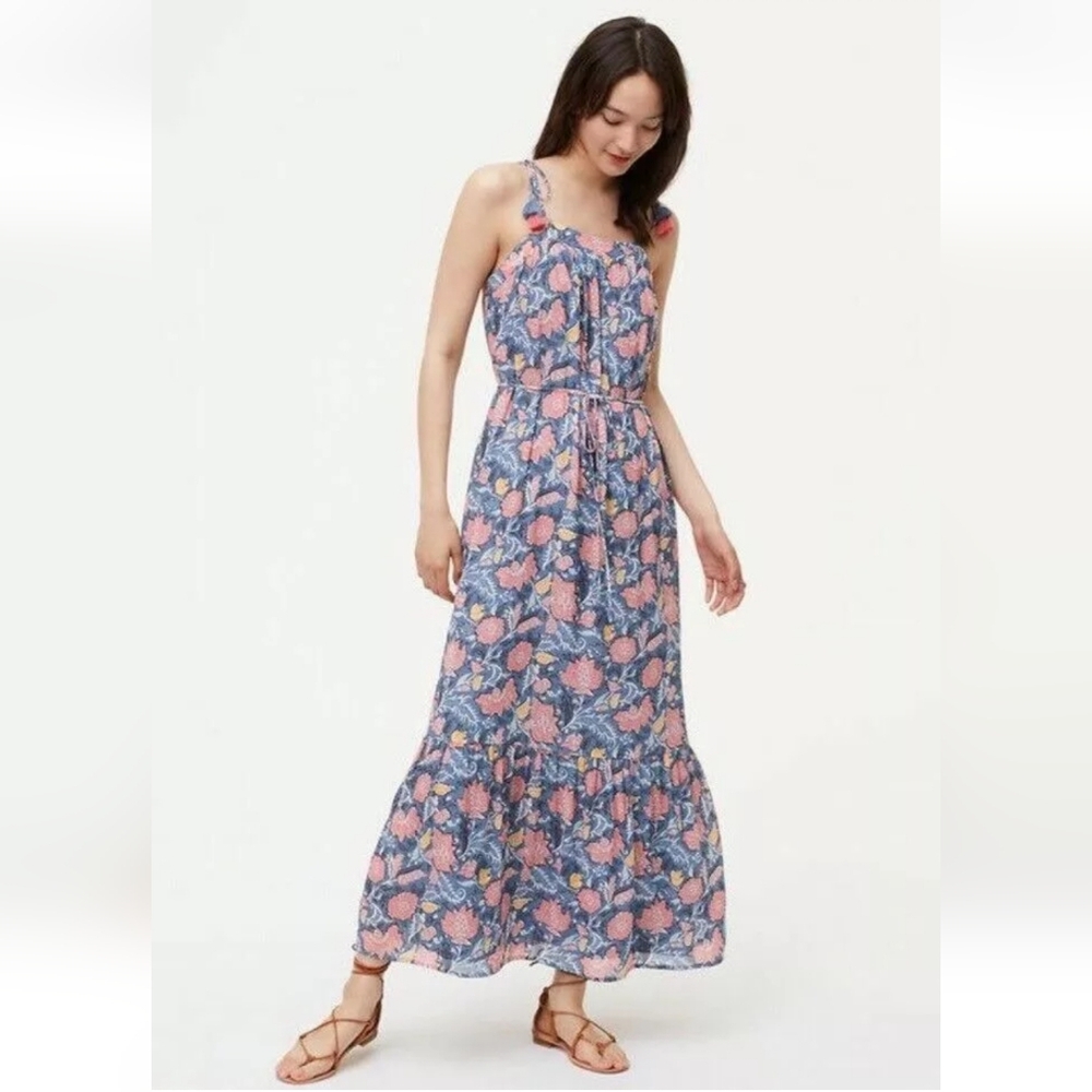 LOFT Maxi Dress Floral Tassel Tie Ruffle Hem Boho